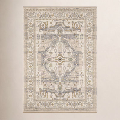 Abena Beige Gray Medallion Oriental Wool Rug
