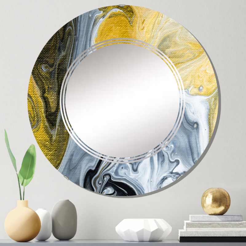 Miroir mural moderne noir et blanc et marbre jaune II, 24 po x 24 po