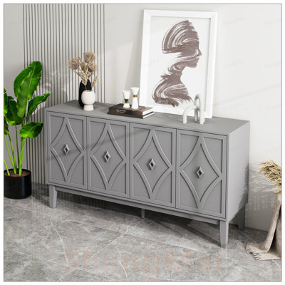 Vintage 4-Door Storage Cabinet with Hand-Carved Geometric Doors, Adjustable Shelves, and Raised Legs for Easy Cleaning