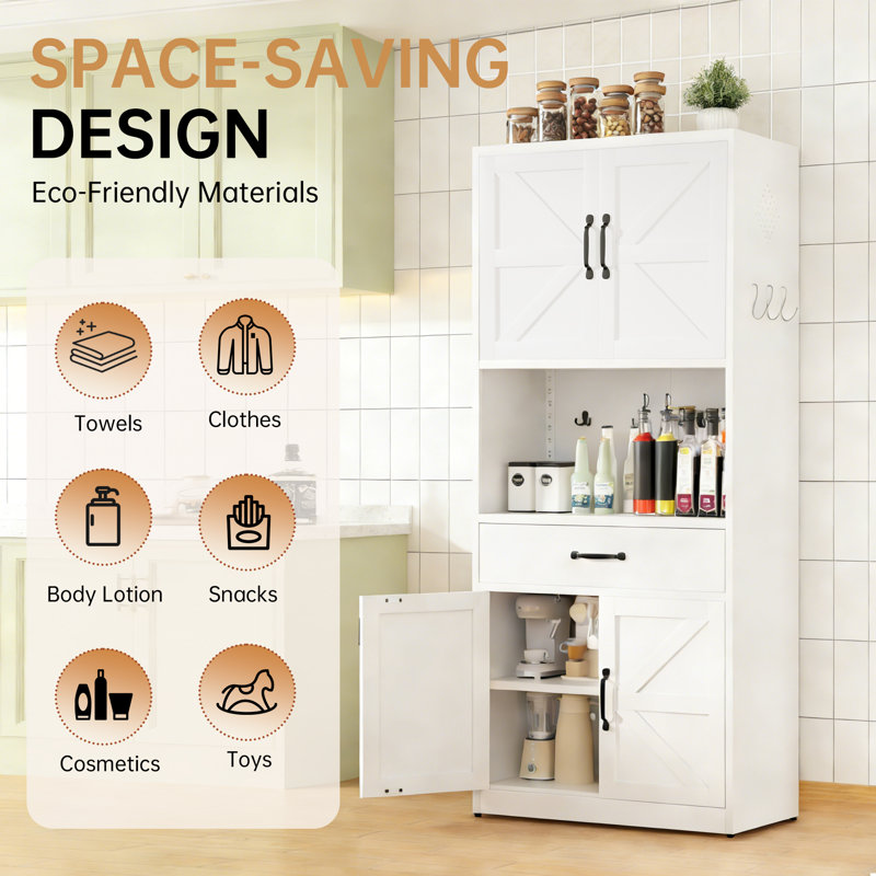 Garde-manger de style campagnard en acier de 72 po avec comptoir, tablettes réglables et tiroir de cuisine rustique blanc Mak Peace