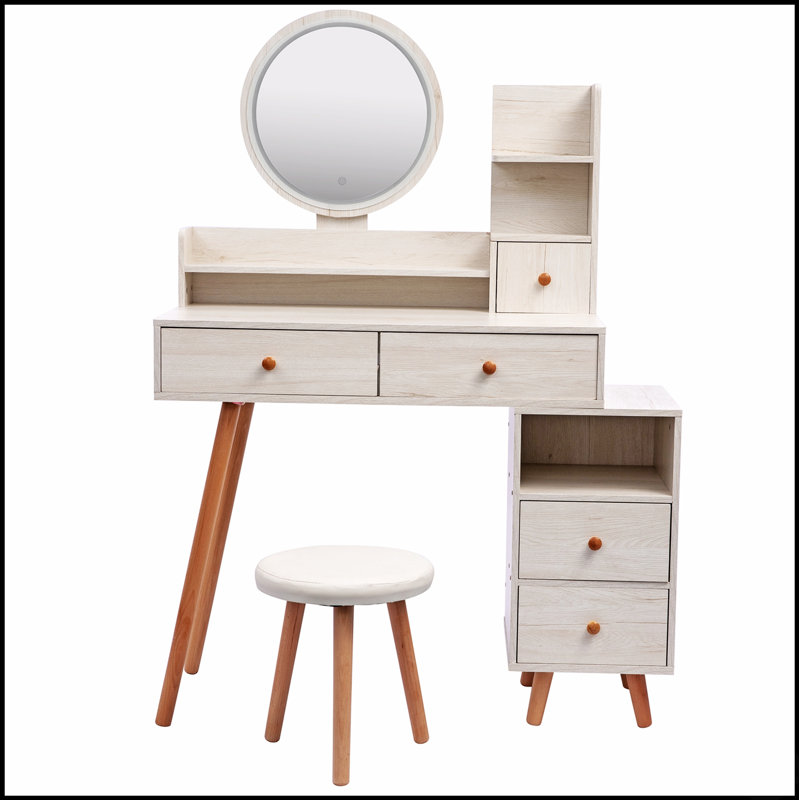 Élégante coiffeuse avec miroir à DEL à commande tactile et grand rangement, avec tabouret rembourré, longueur réglable pour les maquillages modernes.