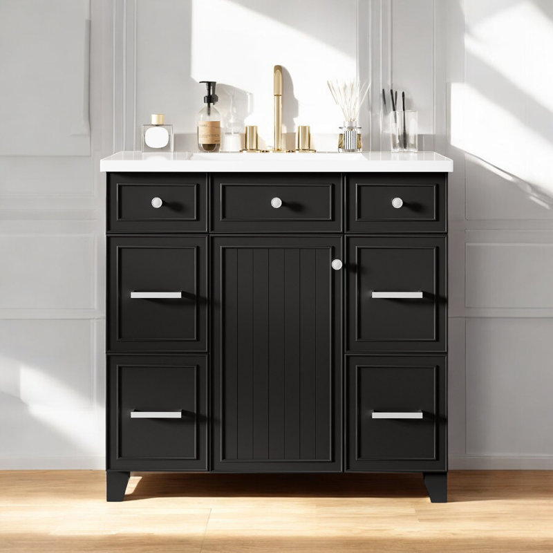 Meuble-lavabo simple 36 po avec comptoir en céramique, assemblage requis, Noir, noir, noir, noir