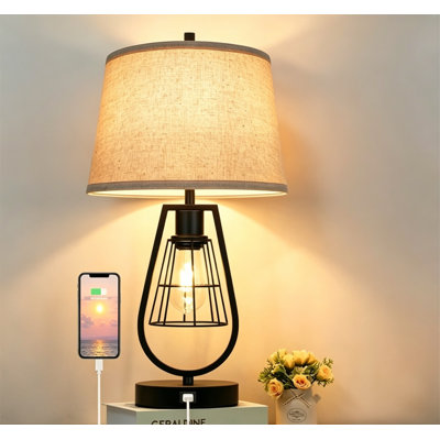 Industrial Table Lamp With Usb Port - Touch Control 3-way Dimmable Bedside Lamp With Metal Cage & Linen Shade - Farmhouse Nightstand Lamp For Living Room - Led Bulb Included