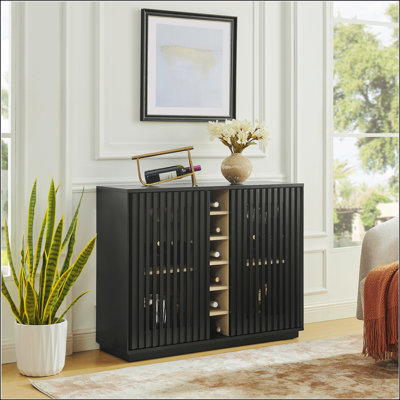 Mid Century Modern Fluted Hollowed Out Liquor Cabinet With Wine Glass Holder, Wine Rack, And Spacious Storage For Various Rooms