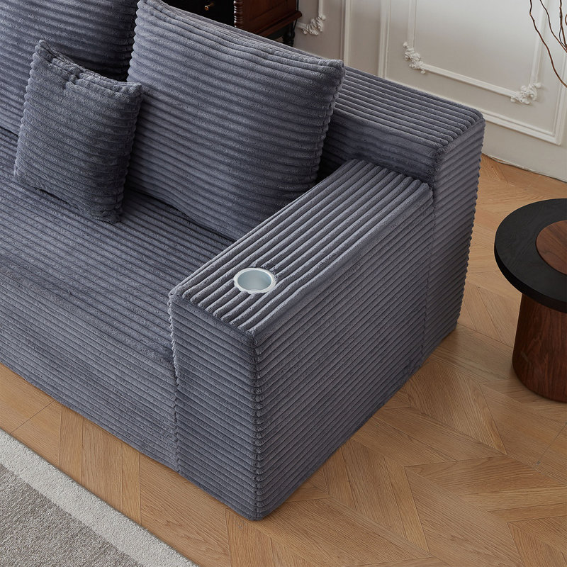 Canapé modulaire profond en velours côtelé avec porte-gobelets, aucun assemblage requis, Gris