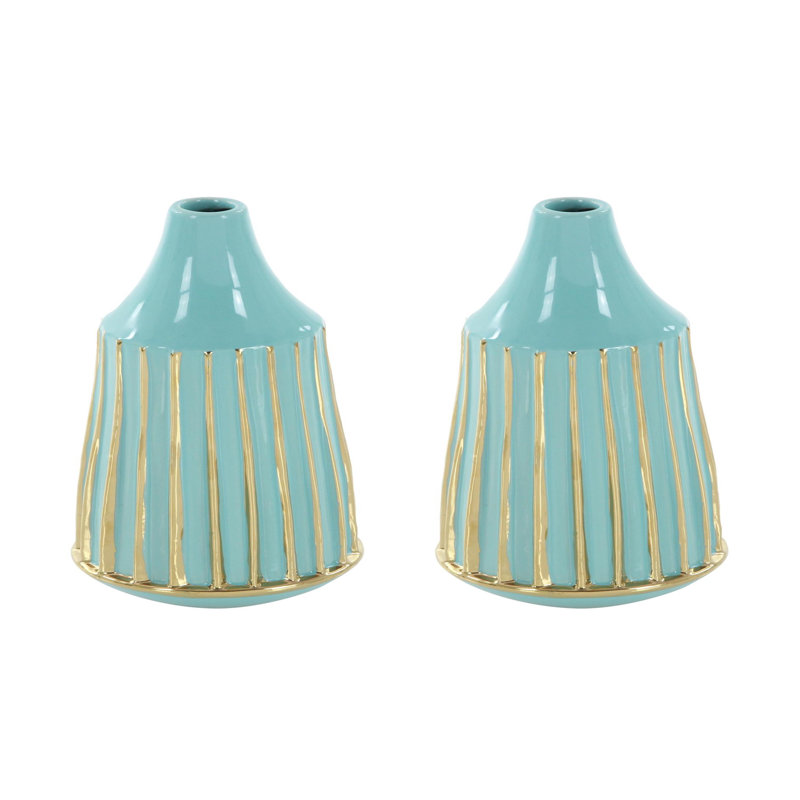 Minturn Stoneware Table Vase, Cyan/Gold