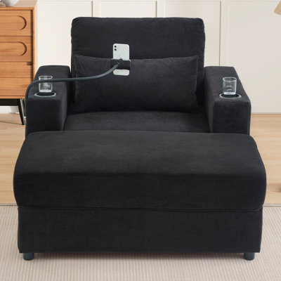 Compact Armchair With Movable , Charging, Two Cup Holders, Side Pockets, Ideal For Multipurpose Rooms, Black Transforming To Chaise Or Sleeper, Hidden Storage, Ports,