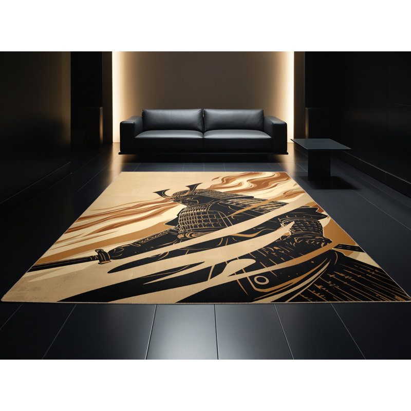 Soft Plush Athanas Demon Samurai Bold & Eclectic Modern Arc Area Rug in Beige – Beige Binding, 4x6