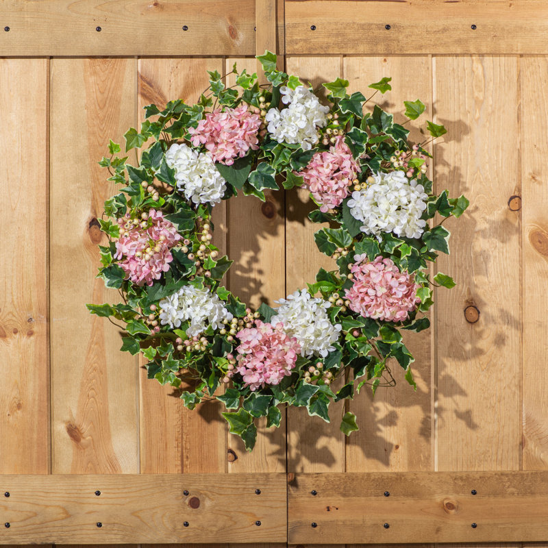 Couronne d'hydrangées en soie, H 30 po x L 30 po x P 5 po, Rose / vert