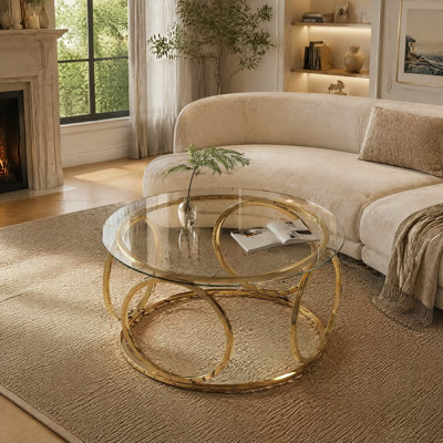 31.5"Modern Round Glass Top Coffee Table with Circular Metal Frame, Contemporary Accent Center Table for Living Room, Office, and Lounge