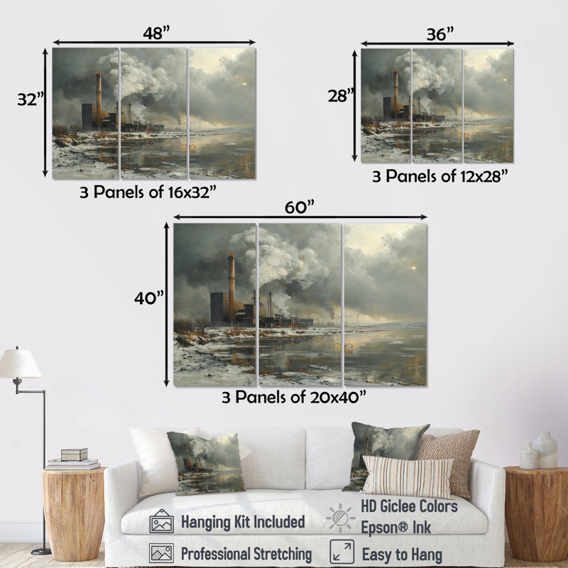 Ensemble de salon mural monochromes gris d'hiver, Toile tendue, H 32 po x l 48 po x P 1 po