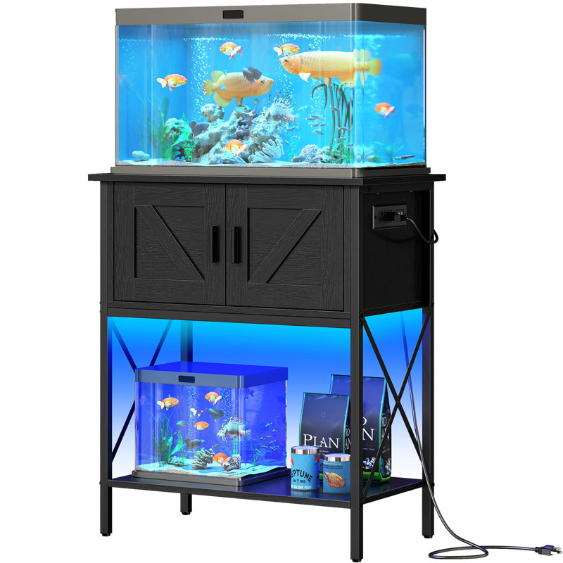 Black Metal and Particleboard Aquarium Stand with LED Light and Storage Cabinet