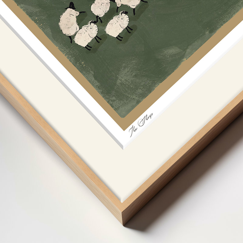 Mod-Ensemble The Sheep par ChiChi - Œuvre de ferme minimaliste avec ovins sur fond vert | H 24 po x l 32 po | Cadre naturel