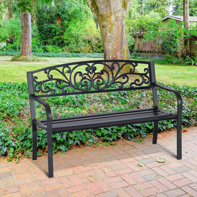 Banc d'extérieur 50 po, banc de jardin en métal avec dossier à motif floral, banc de véranda avec siège à lattes pour parc, cour, pelouse