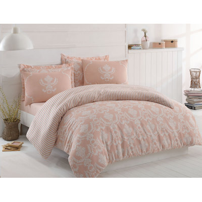 Ensemble de housse de couette double Luxury, poudre et blanc, 79 po x 87 po | 65% coton / 35% polyester, lavable à la machine | Comprend une housse de couette, un drap plat et 2 taies d'oreiller | Conception élégante, parfaite pour les chambres confortables
