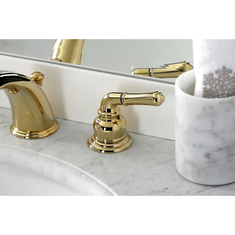 Kingston Brass Magellan Two-Handle 3-Hole Deck Mount Widespread Bathroom Faucet with Brass Pop-Up Drain, Polished Brass