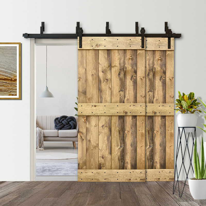 Ensemble de quincaillerie d'installation de porte de grange en bois lambrissé et en métal peint, Noir mat, Chêne vieilli