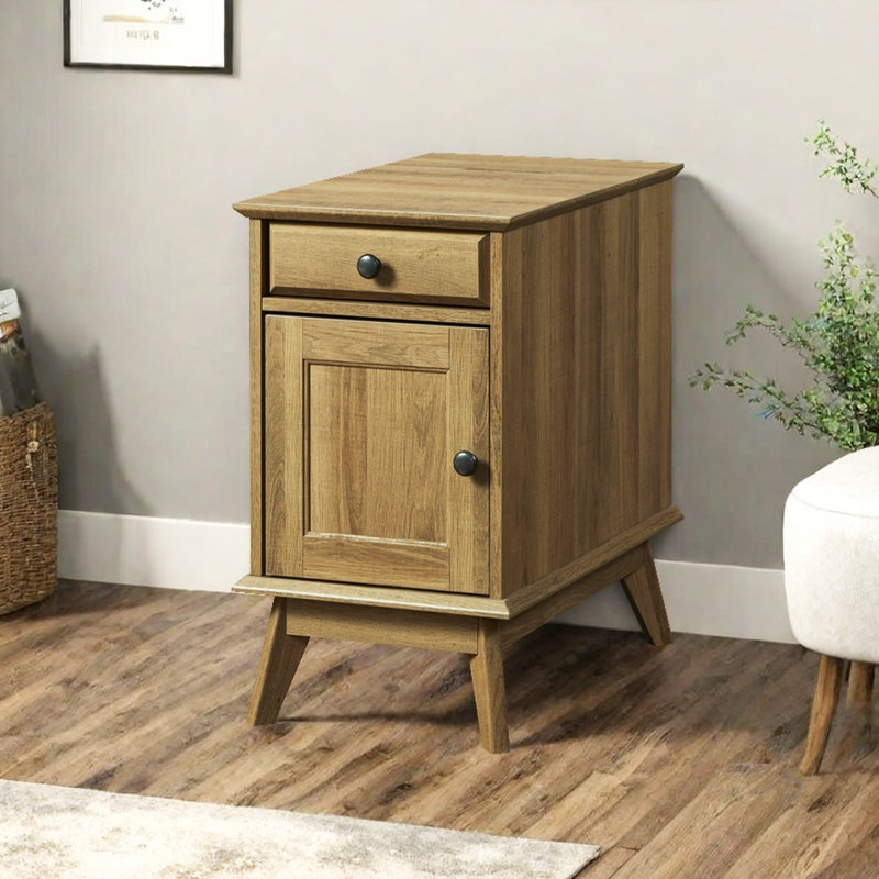 Alingtons 24.4" End Table - Storage Nightstand with Built-In Outlets, Golden Oak