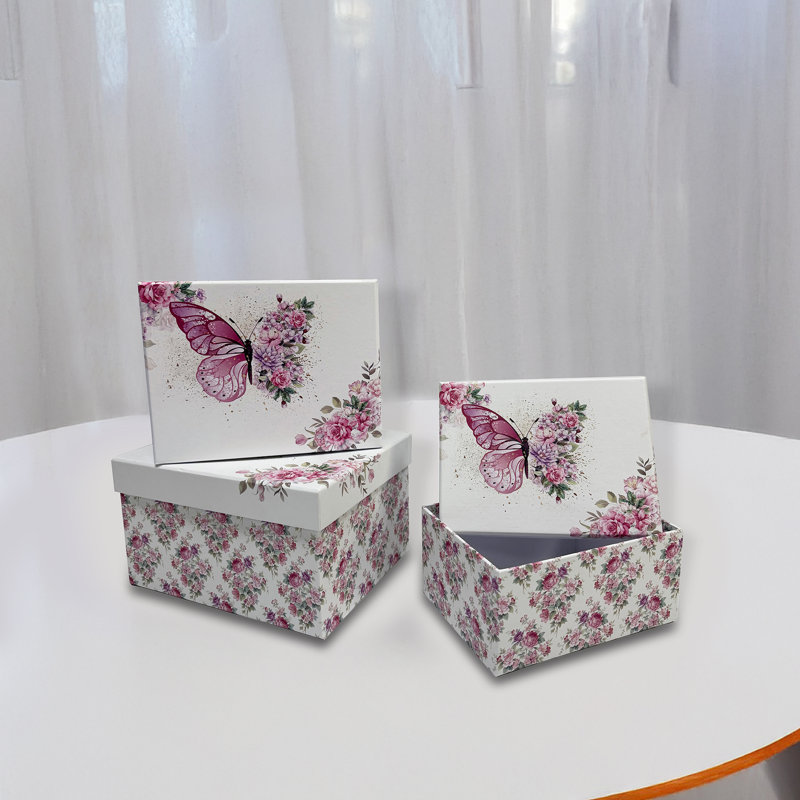 Ensemble de 3 boîtes gigognes rectangulaires avec couvercle papillon et fleurs