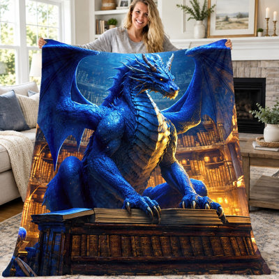 1pc Blue Dragon Blanket, Fantasy Medieval Creature Art Print Flannel Throw, Super Soft Cozy Lightweight Warm Blanket for Sofa Bed Living Room Dorm Office Travel, Home Decor All‑Season Blanket,, Unique Gift