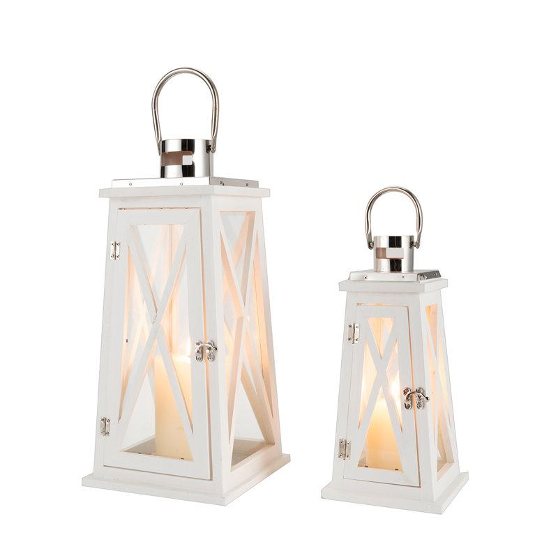 Set Of 2 Decorative Wooden Candle Lanterns Metal Decorative Candle Holders, White 