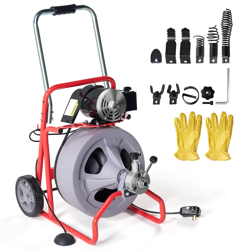 Nettoyeur de drain électrique de 100 pi x 3/8 po avec alimentation automatique et 9 couteaux, tarière à vis d'égout pour tuyaux de 1 à 4 pouces, interrupteur au pied et roues, idéal pour un usage domestique et commercial, gris / rouge