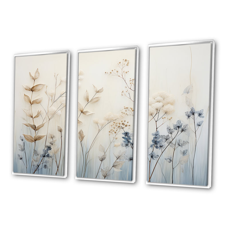 «Beige and Blue Herbs Minimal Harmony - Floral Herbs», ensemble de reproduction d'art mural, Cadre flottant blanc