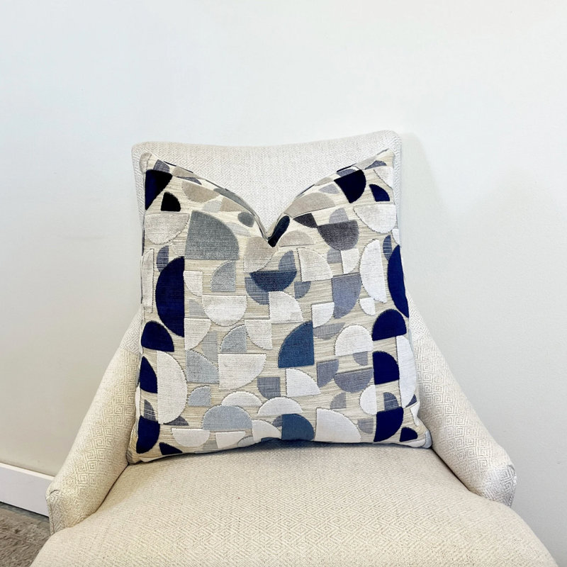 Geometric Velvet Throw Pillow Cover, White/Beige/Navy Geometric, 22"H x 22"W
