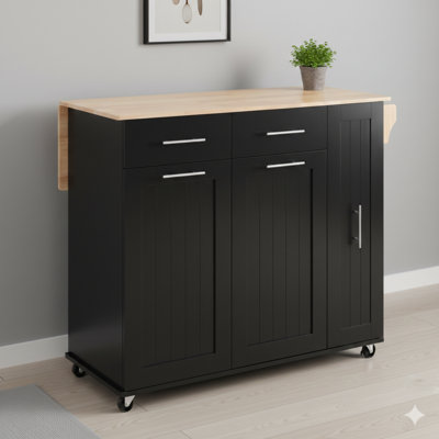 Îlot de cuisine avec comptoir à abattants, chariot de rangement avec rangement à 3 niveaux pour armoire, compartiment de rangement interne, chariot à roulettes, porte-serviettes et 2 tiroirs - finition noire