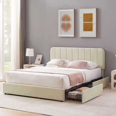 Huntsville Full Storage Bed with 4 Drawers Velvet Upholstered Headboard Beige Platform Bed Frame