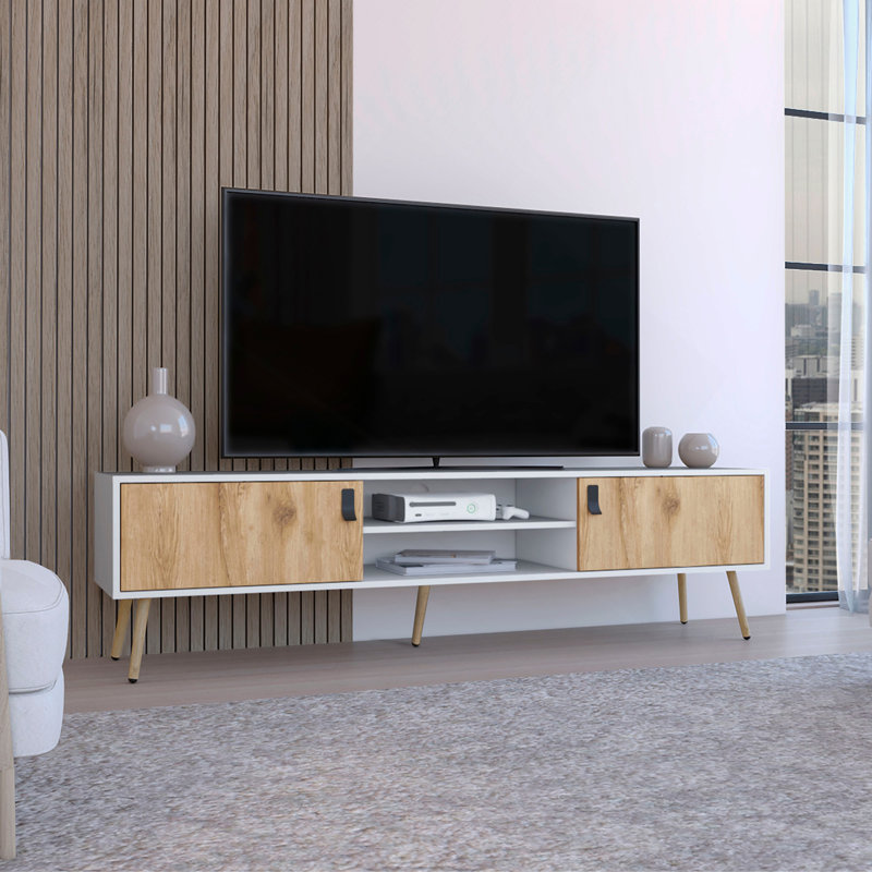 Toka TV Rack With 2 Hinged Doors And Central Shelves, White/Macadamia