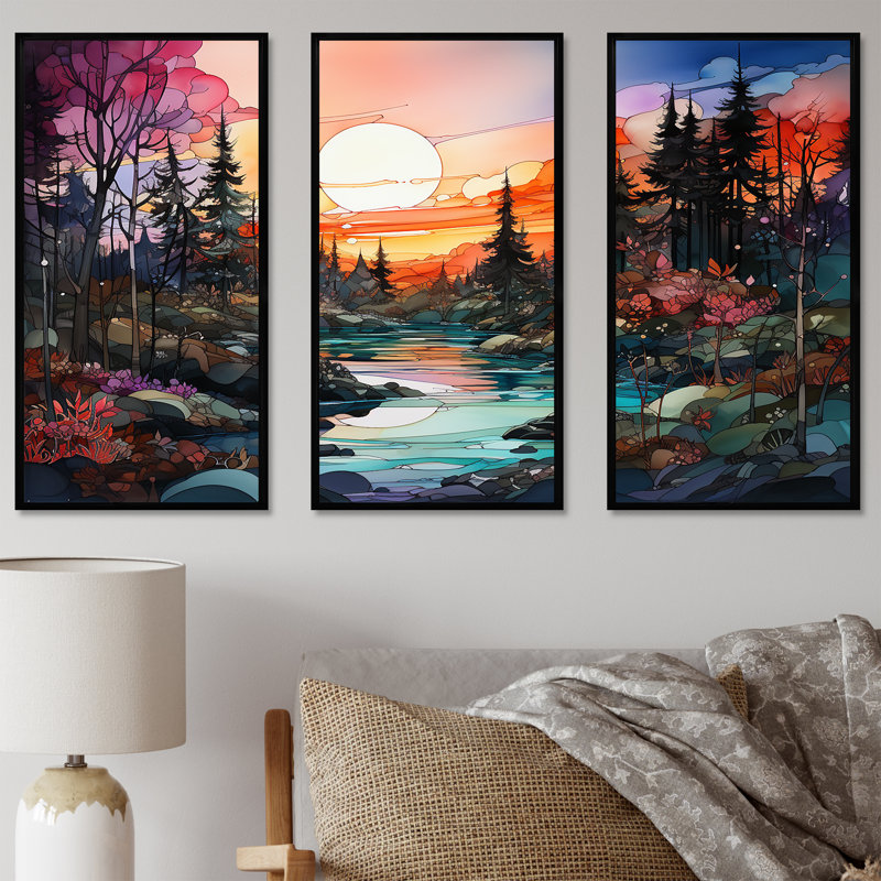 Rivière, rivière, forêt, lever de soleil - ensemble d'art mural forêt, Cadre flottant noir, H 40 po x l 60 po x P 1 po