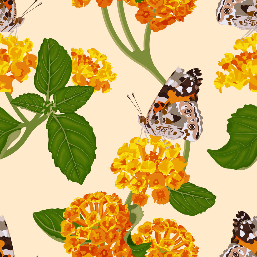 Ademide Lantana Blumen und Schmetterling - Grafik auf Leinwand, gewickelt