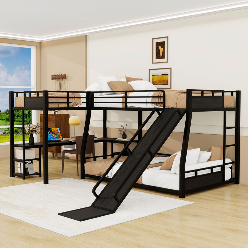 Metal L‑Shaped Bunk Bed With Loft Bed, Desk, Shelves And Slide, Full XL Over Queen
