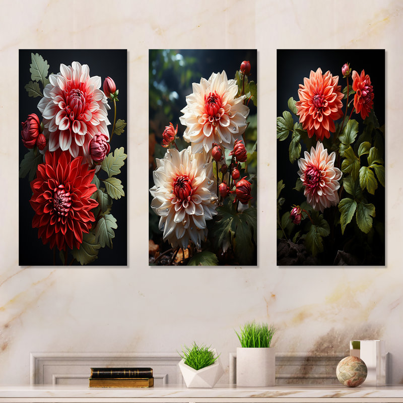 Ensemble de 3 décorations murales rouges et vertes Dahlia Bouquet Harmony I - Dahlia, Toile tendue, H 32 po x l 48 po