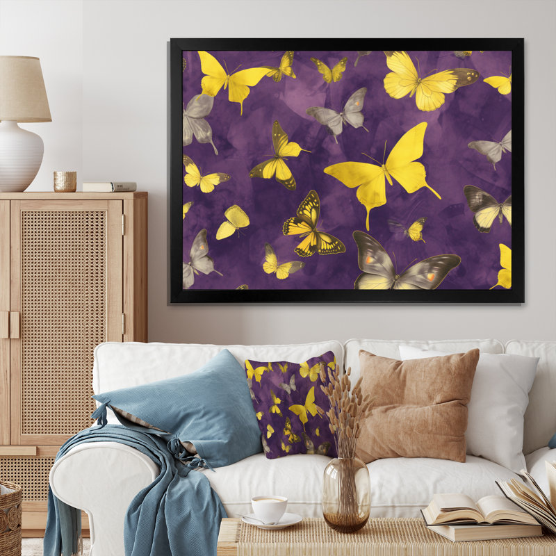 Papillon jaune et mauve, H 16 po x l 32 po x P 1 po, Cadre simple noir