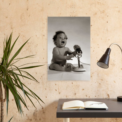 1960S African American Baby Seated In Front Of Old Fashioned Microphone With Mouth Open Broadcasting Radio Classic Retro Vintage Wall Art