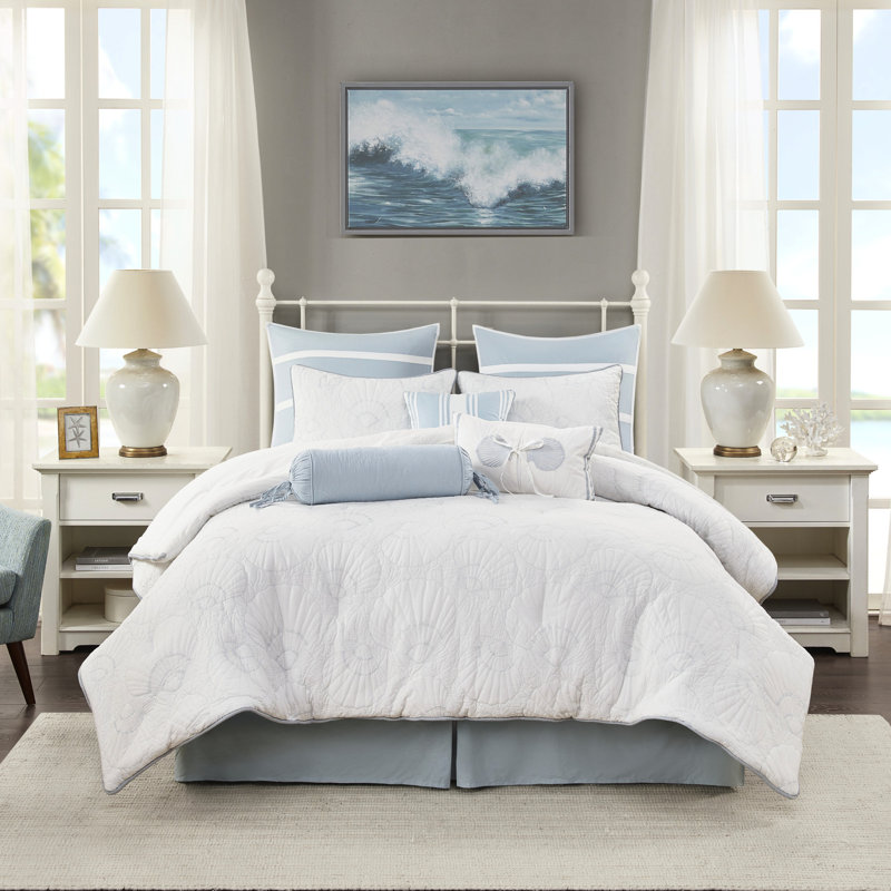 Édredon blanc grand, 100% coton avec matelassage en coquillage, comprend un édredon, une jupe de lit et 2 taies décoratives