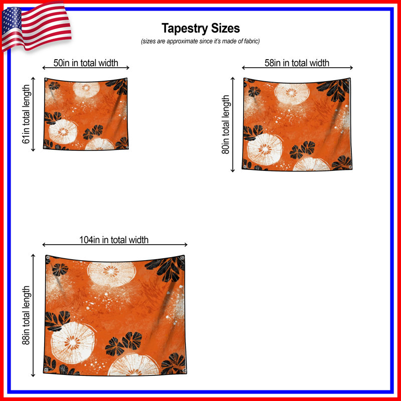 Tapisserie murale florale orange noire - décoration murale florale, H 68 po x l 80 po avec 4 œillets