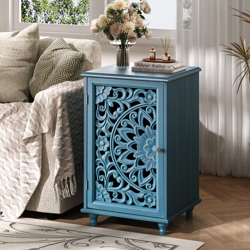 Small Accent Cabinet With Door, Storage Cabinet With Solid Wood Legs And Adjustable Shelf, Distressed End Table For Living Room, Sofa Side Table For Bedroom, Dining Room, Kitchen, Blue