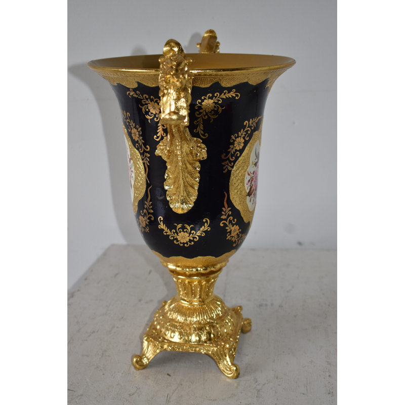 Black And Gold Large Krater Decoration Resin Vase Size: 17" X 10" X 16"H