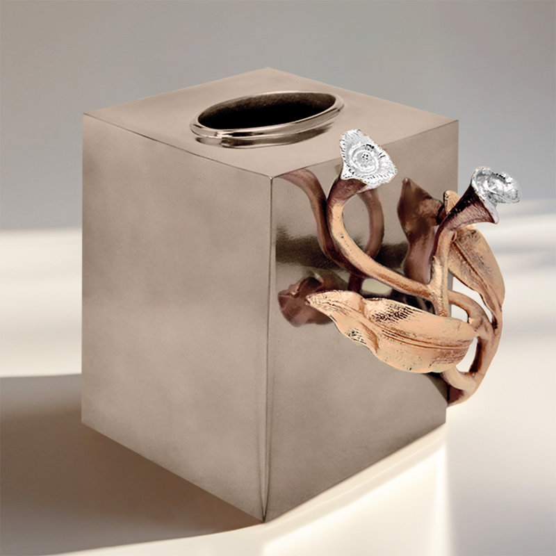 Glossy Calla Lily Floral Tissue Box Cover in Gold and Silver Accented Bathroom or Christmas Decor
