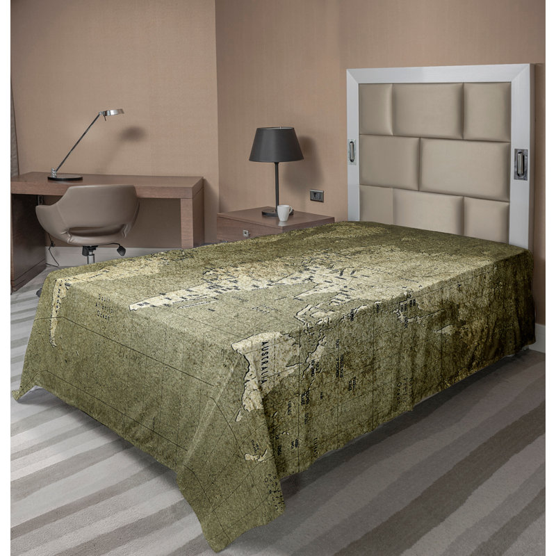 Drap plat Ambesonne, carte du monde nostalgique, vert armée, Drap plat pour lit simple