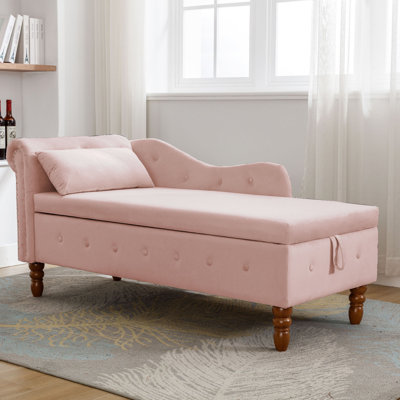 Pink Chaise Lounge Indoor,Velvet Lounge Chair For Bedroom With Storage & Pillow,Modern Upholstered Rolled Arm Chase Lounge For Sleeping With Nailhead Trim For Living Room Bedroom Office