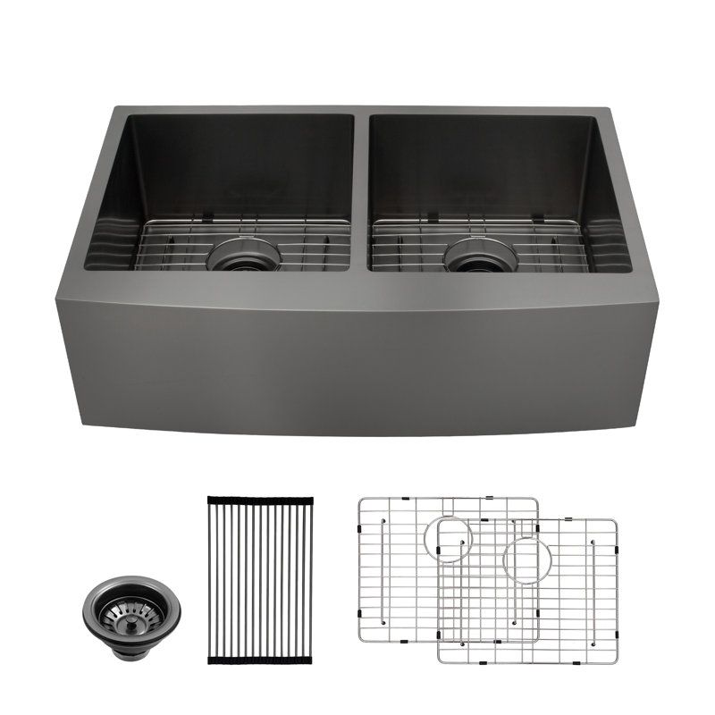 36" L x 21" W Farmhouse Double Bowl 50/50 Kitchen Sink 16 Gauge Stainless Steel Kitchen Sink, Gunmetal Black