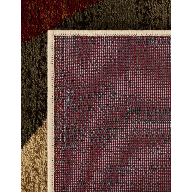 Square Beige and Red Abstract Synthetic Indoor Rug