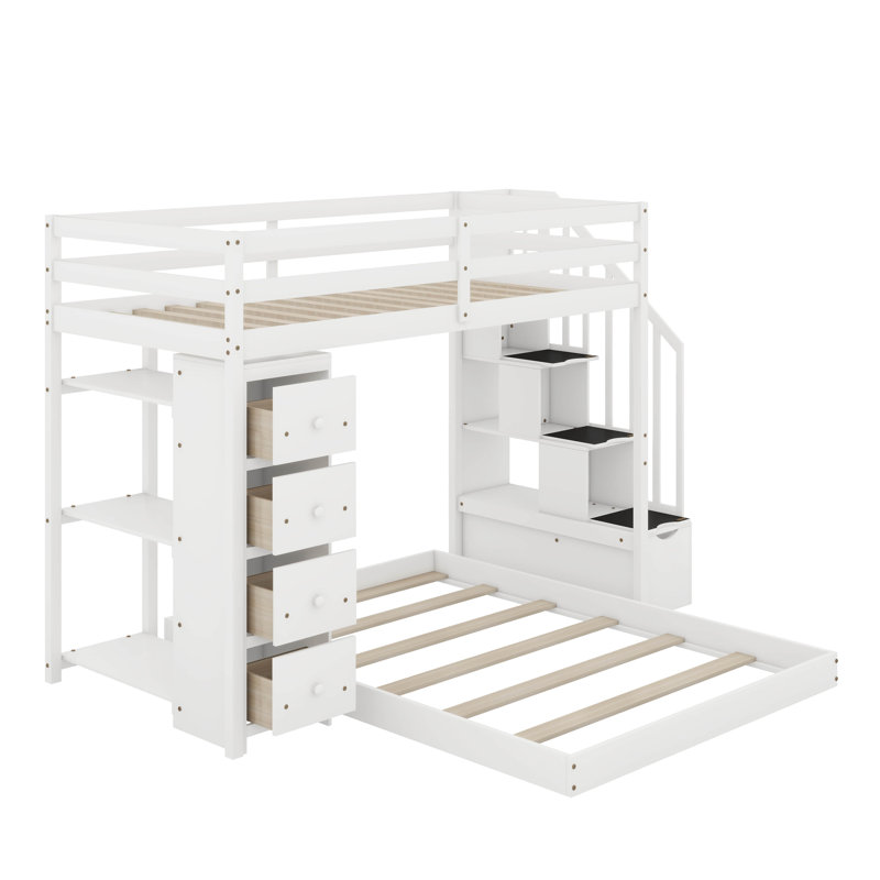 Jakoby Twin Over Full Bunk Bed with 3-layer Shelves, Drawers and Storage Stairs, White