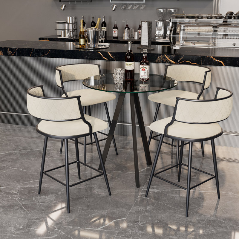 Bar Height Set, Tempered Glass Round Dining Table And Height Bar Stools, 5, Beige