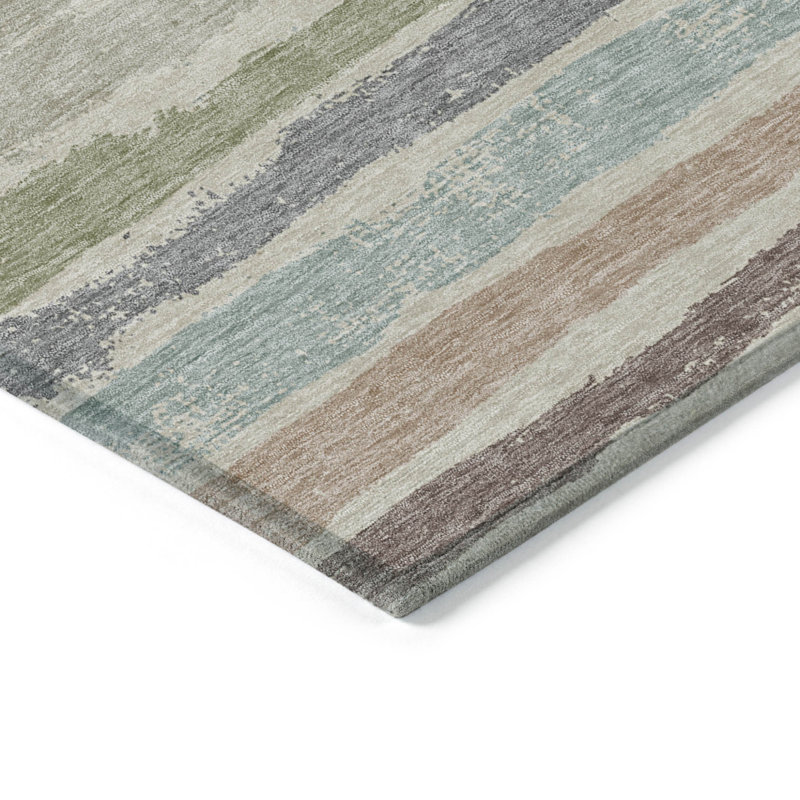 8' X 10' Beige Striped Washable Indoor Outdoor Area Rug