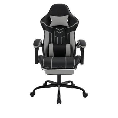 Fauteuil de jeu pour adultes, conception ergonomique avec fonction lombaire et de massage, réglable 90 - 135, 360 rotatif Pu, bureau en cuir noir gris, massage, repose-pieds rétractable,